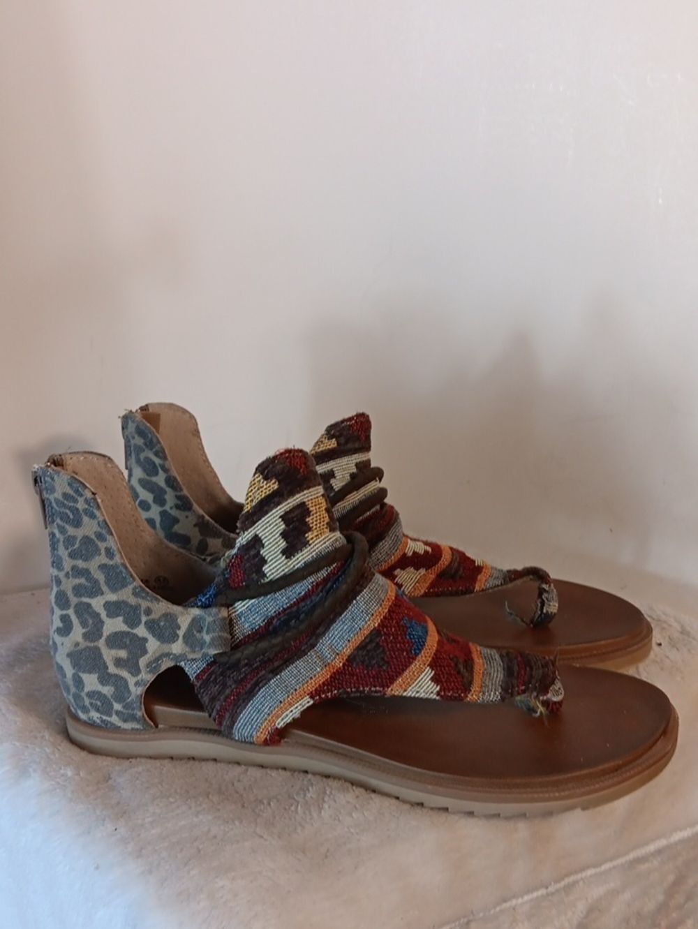 Very G Multicolor Woven Back-Zip Sandals with Gray Leopard Heel